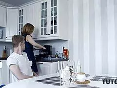 Apostolic woman teacher is orally availed by the boy in the kitchen till she swallows the manhood