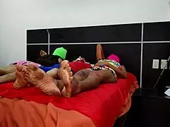 Lesbians friends on a steamy threesome with the husband of the stepsister in her own bedroom