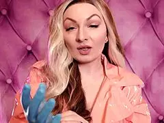 Wow, Arya Grander in Blue Gloves and Pink PVC Fetish Coat!