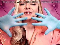 Wow, Arya Grander in Blue Gloves and Pink PVC Fetish Coat!