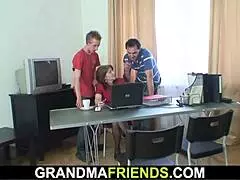 The elderly women perform a threesome during work activities