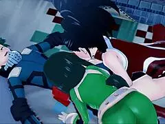 My Hero Hentai: An attractive and quite detailed sex scene of Deku with Momo and Tsuyu