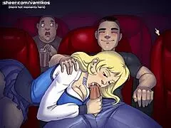 Highschool cheerleader has a massive rack, and she gets turned on in the theater and then proceeds to suck her boyfriend’s cock