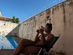 Sexy mature mother enjoys outdoor shower naked with the neighbor spying on her