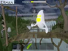 Beautiful shemale in a fun Halloween themed game with deepthroat and cumshot action