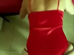 European amateur in red satin suit gets fucked POV