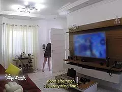 Hot wife in nightgown greets delivery boy in shower