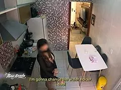 Hot wife in nightgown greets delivery boy in shower
