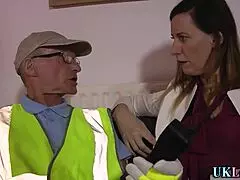 Mom in stockings with ripped clothes gives a good blow job and accepts the cum in her mouth