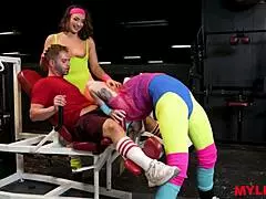 Flexible gym instructor satisfies his mature group of moms in a very hot scene