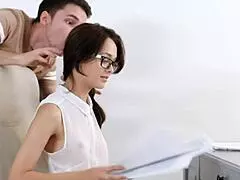 A petite woman with small bosom gets two big cocks inside her vagina and anus