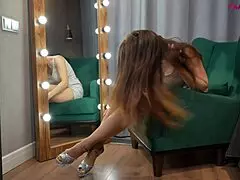 Shaved pussy brunette gets messy with cum in pantyhose