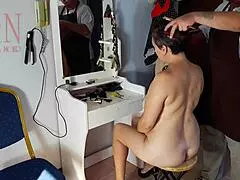 A hereby welcomes curvy housewife for a hair trim