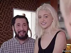 Horny teen and blonde step mom sharing a cock on a bed