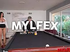 The secretary plays billiard with her bosses in a steamy office scene