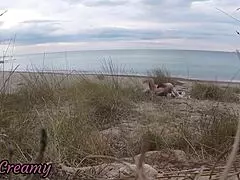 French teacher slut gives blowjob on nude beach in public! Stranger gets cumshot. - Misscreamy 😈