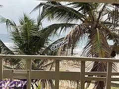 Ebony wife boldly flashes her pussy at a beach house