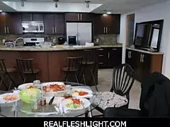 Realfleshlight family group action after dinner—Kylie Kingston, Kenna James, Rion King join in