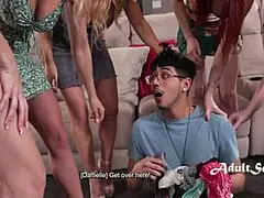 Serial panty sniffer caught by a gang of milfs for rough banging. They dominate his kinky fetish.