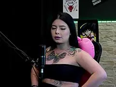 i can't stop staring at this hot tattooed latina showing off her huge tits after confessing wild sex stories on sheer red.