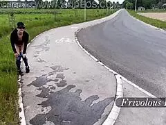 in a public street mishap, the exhibitionist got caught mid-pissing by passing cars in a timing blooper during her outdoor flashing attempt
