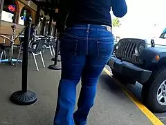 Thunder cock tail and Whaletail store thong flashing with big booty chick