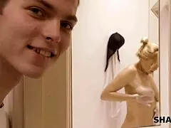 Aperitive russian mature seduces perv with her shaved pussy in the bathroom